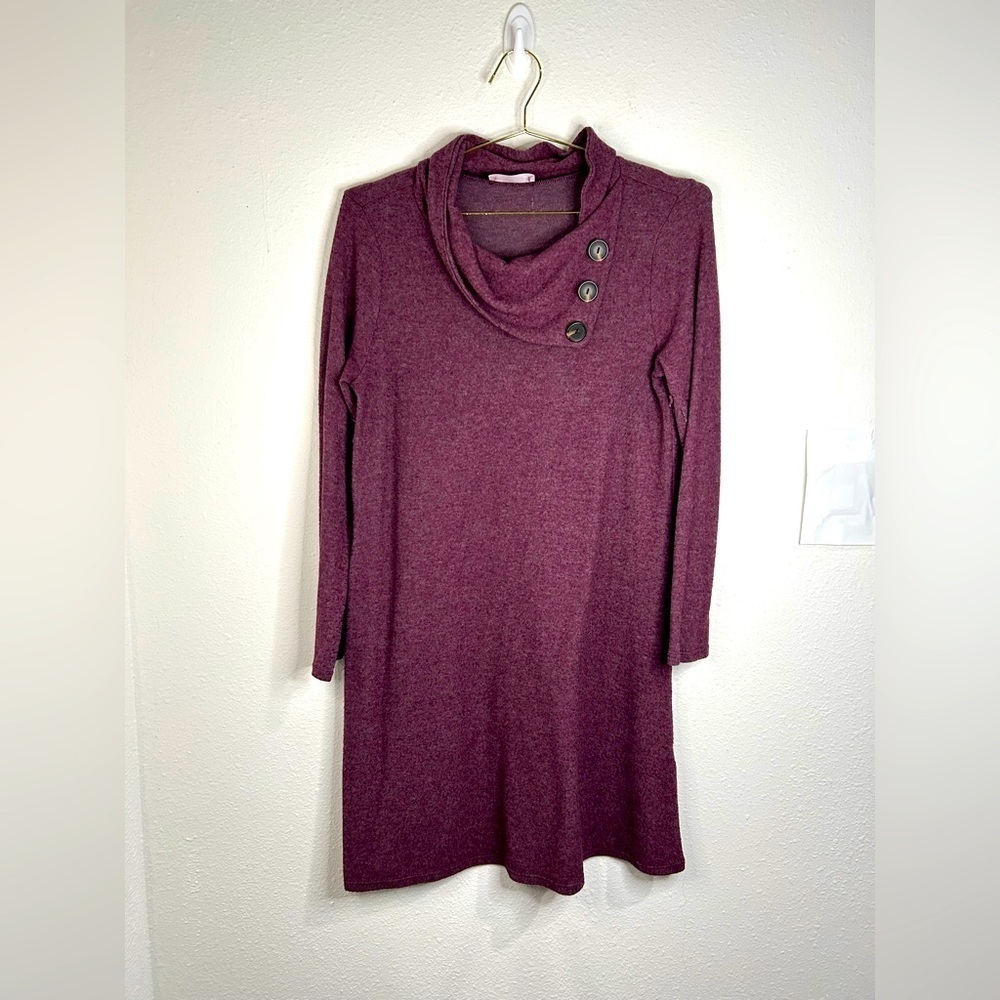 French Grey Women’s Large Burgundy Cowl Neck Button Sweater Dress 36” Length